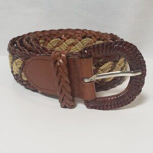 Braided Two Tone Brown Bonded Leather Belt Silver Buckle Size M/L